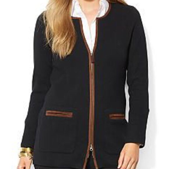 Lauren Ralph Lauren Jackets & Blazers - Lauren by Ralph Lauren long zip cardigan, black trimmed in brown leather, size l